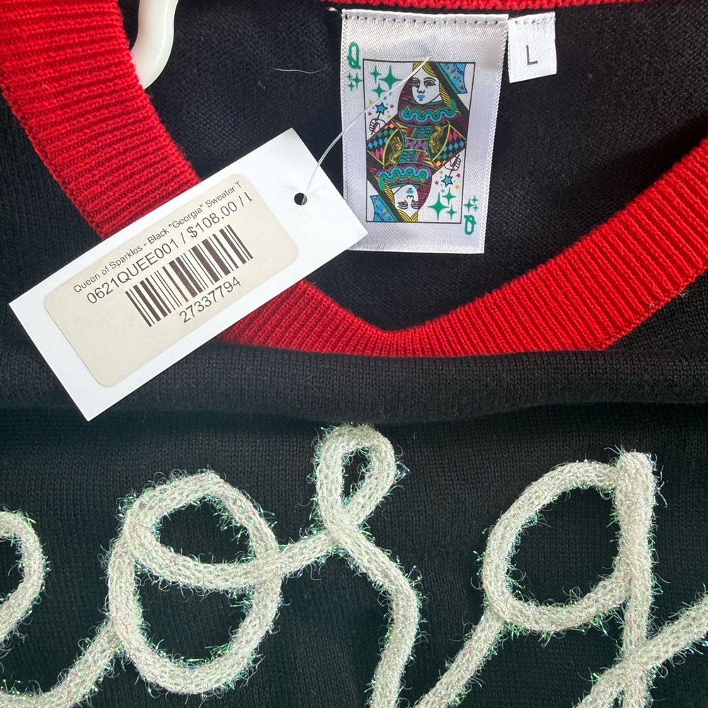 Queen of Sparkles Georgia Script Sweater Top Black Red Size Large NWT Game Day - Picture 2 of 6